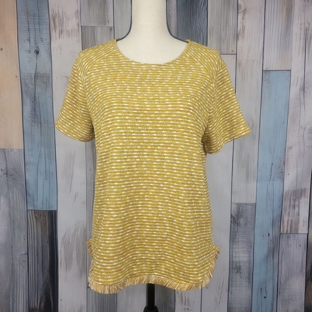 Yellow White Striped Knit Top Short Sleeve Size Large